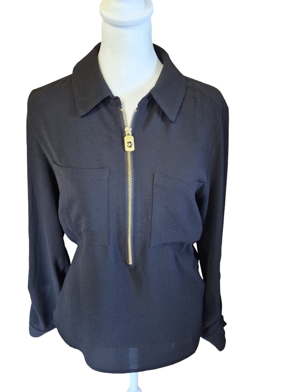 Michael Kors Black Long-Sleeve Zip Polo Blouse with Gold Hardware
